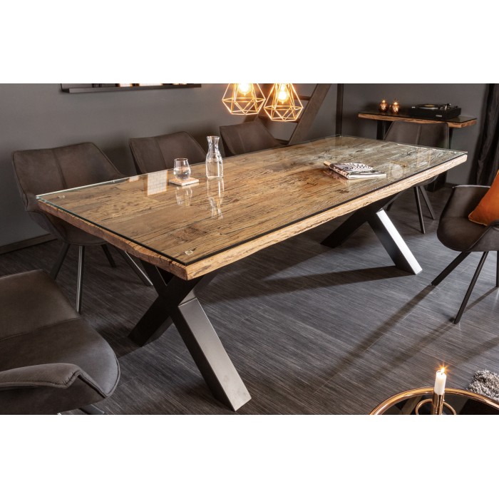 Table RAFTA 220 x 100 cm – Piano in teak massiccio con vetro temperato e gambe in metallo nero a X