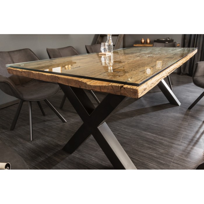 Table RAFTA 220 x 100 cm – Piano in teak massiccio con vetro temperato e gambe in metallo nero a X