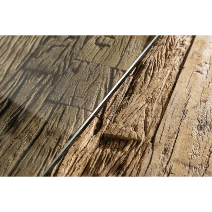 Table RAFTA 220 x 100 cm – Piano in teak massiccio con vetro temperato e gambe in metallo nero a X