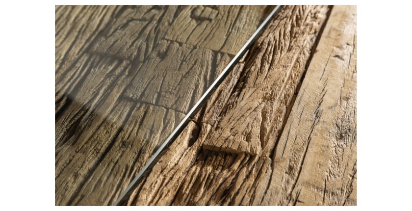 Zoom sur les textures du plateau et du sur plateau de la table RAFTA 220x100cm avec pieds en métal X noirs