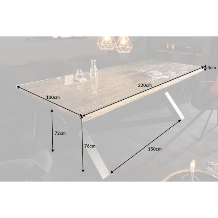 Table RAFTA 220 x 100 cm – Piano in teak massiccio con vetro temperato e gambe in metallo nero a X