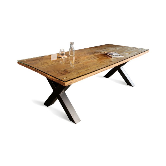 Table RAFTA 220 x 100 cm – Piano in teak massiccio con vetro temperato e gambe in metallo nero a X