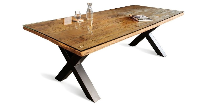 copy of Table de salle à manger RAFTA – Bois massif et verre trempé – 220 cm – Style moderne