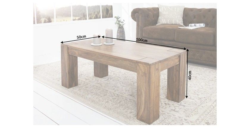 Table basse ORBO rectangulaire 100 cm – Table basse rustique en bois massif de sheesham