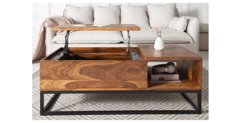 Table basse ORBO en bois massif 110 cm – Plateau relevable et rangements intégrés