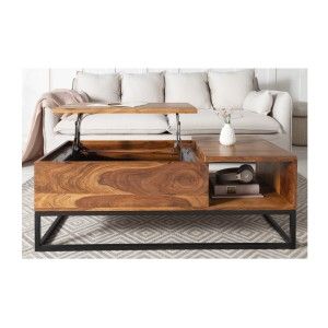 Table basse ORBO en bois massif 110 cm – Plateau relevable et rangements intégrés