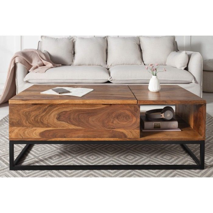 Couchtisch ORBO aus Massivholz 110 cm – mit hochklappbarer Platte und integrierten Aufbewahrungsfächern
