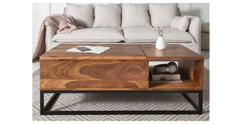 Table basse ORBO en bois massif 110 cm – Plateau relevable et rangements intégrés