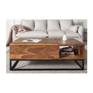 Table basse ORBO en bois massif 110 cm – Plateau relevable et rangements intégrés