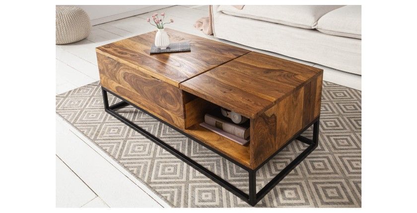 Table basse ORBO en bois massif 110 cm – Plateau relevable et rangements intégrés