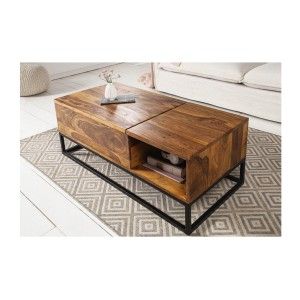 Table basse ORBO en bois massif 110 cm – Plateau relevable et rangements intégrés