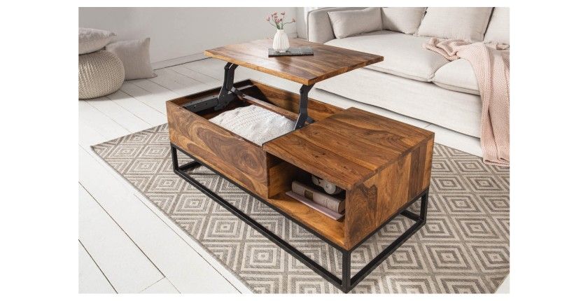 Table basse ORBO en bois massif 110 cm – Plateau relevable et rangements intégrés