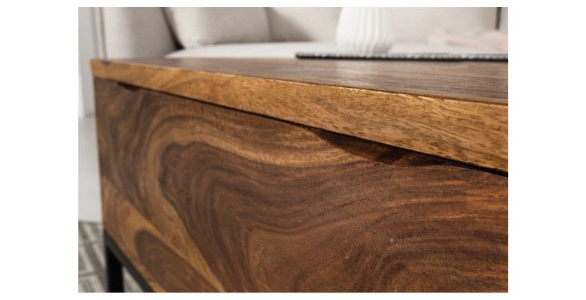 Table basse ORBO en bois massif 110 cm – Plateau relevable et rangements intégrés