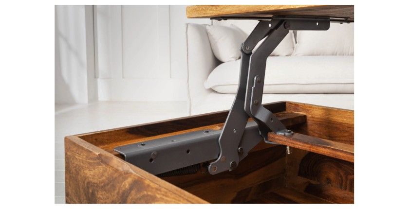 Table basse ORBO en bois massif 110 cm – Plateau relevable et rangements intégrés