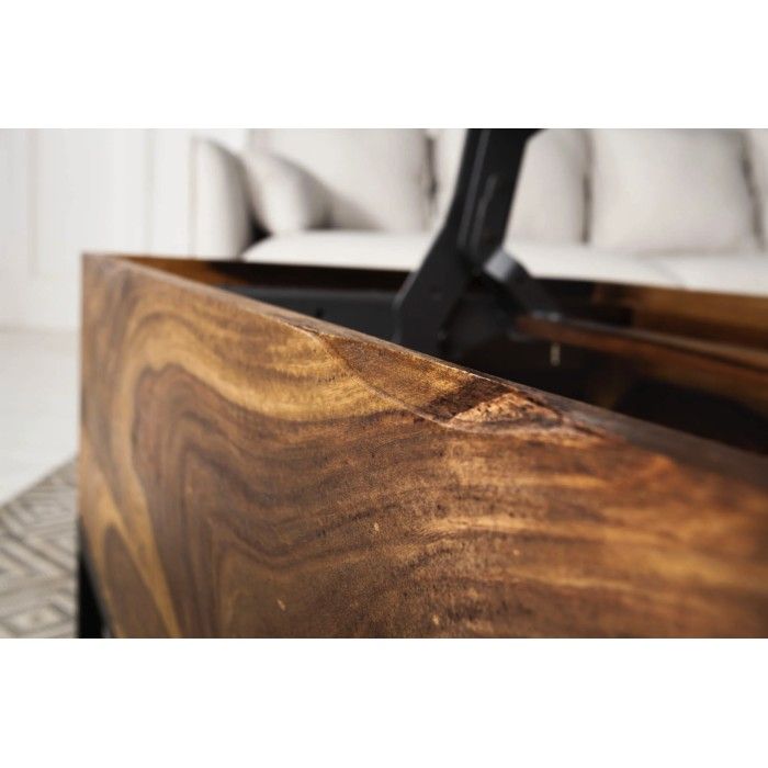 Couchtisch ORBO aus Massivholz 110 cm – mit hochklappbarer Platte und integrierten Aufbewahrungsfächern