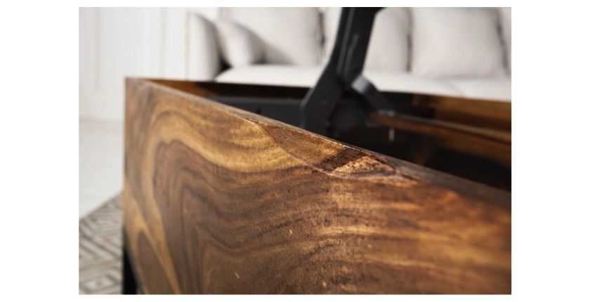 Table basse ORBO en bois massif 110 cm – Plateau relevable et rangements intégrés