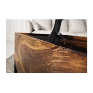 Table basse ORBO en bois massif 110 cm – Plateau relevable et rangements intégrés