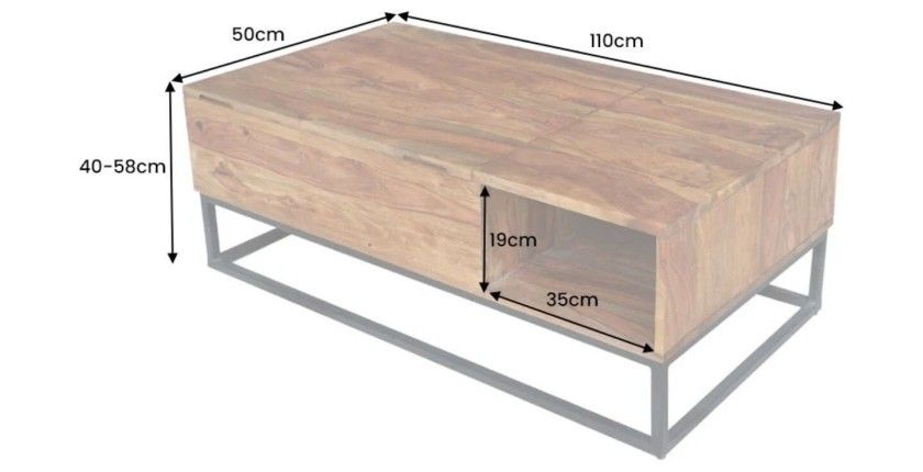 Table basse ORBO en bois massif 110 cm – Plateau relevable et rangements intégrés