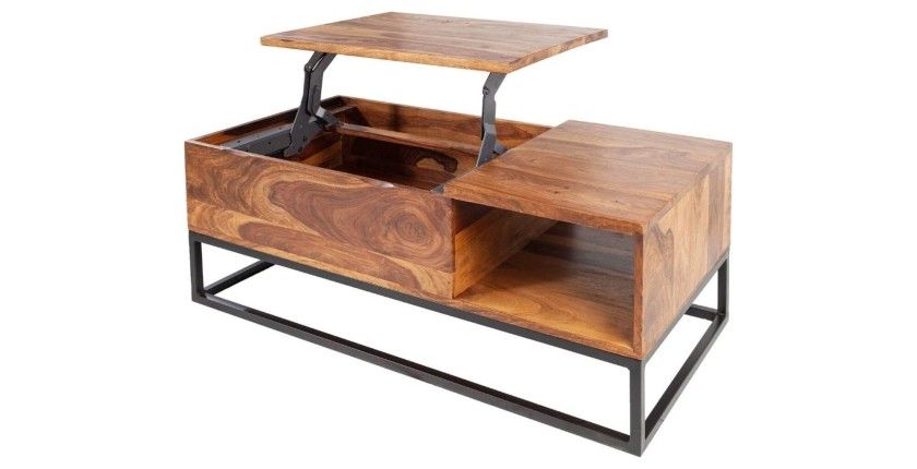 Table basse ORBO en bois massif 110 cm – Plateau relevable et rangements intégrés