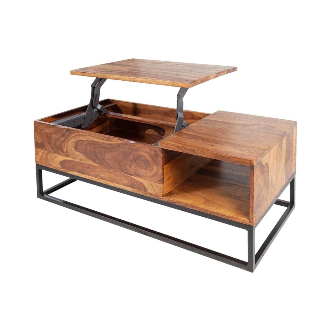 Table basse ORBO en bois massif 110 cm – Plateau relevable et rangements intégrés