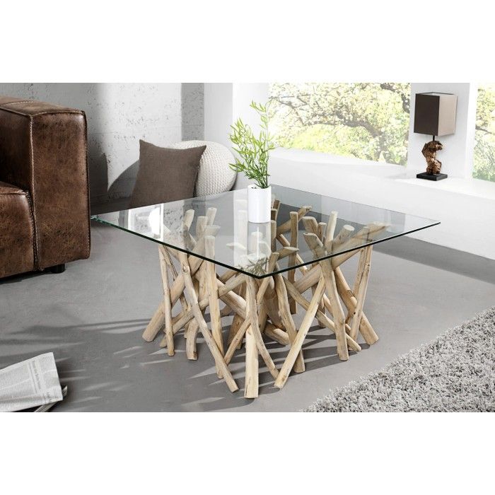 Table bassa WOODEN quadrata 80 cm – Tavolino da salotto design in legno di galleggiante e vetro temperato