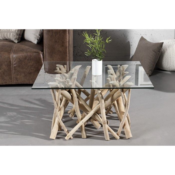 Table bassa WOODEN quadrata 80 cm – Tavolino da salotto design in legno di galleggiante e vetro temperato