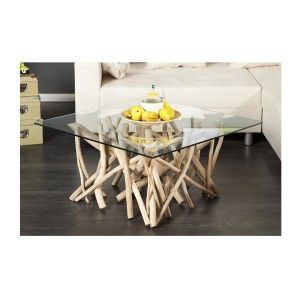 Table basse WOODEN carrée 80 cm – Table basse design en bois flotté et verre trempé