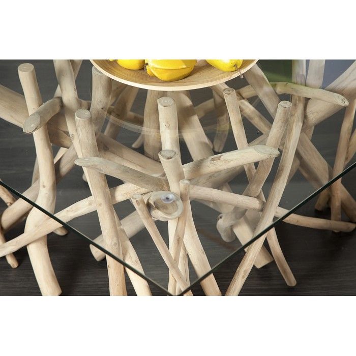 Table bassa WOODEN quadrata 80 cm – Tavolino da salotto design in legno di galleggiante e vetro temperato