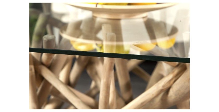 Zoom sur la tranche du plateau de la table basse WOODEN carré en 80cm