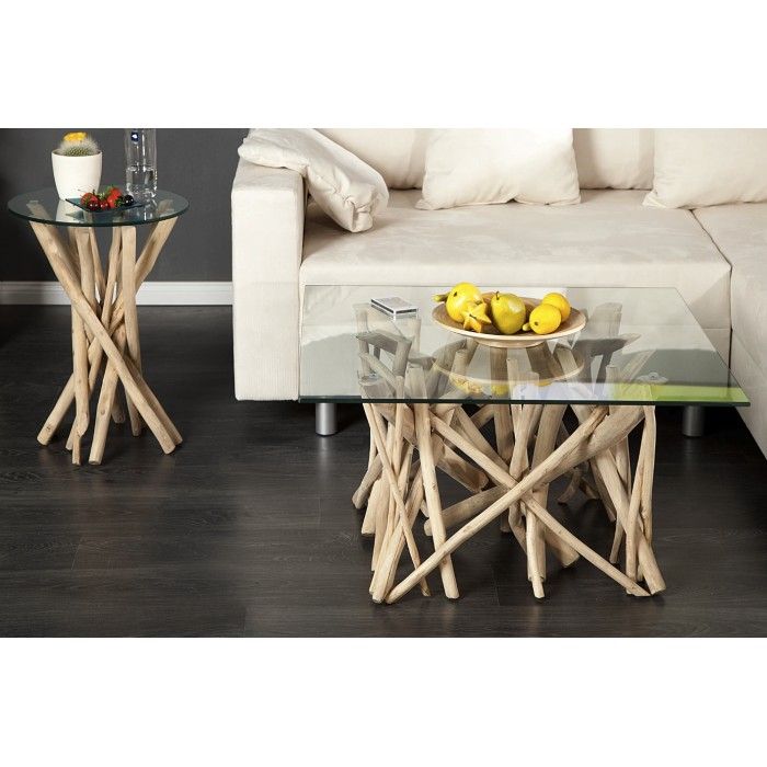Table bassa WOODEN quadrata 80 cm – Tavolino da salotto design in legno di galleggiante e vetro temperato