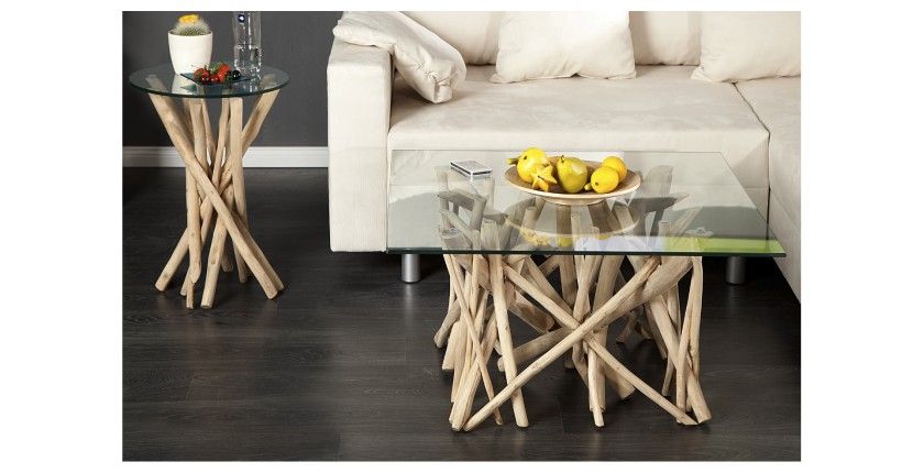 Table basse WOODEN carré en 80cm vue avec un ensemble