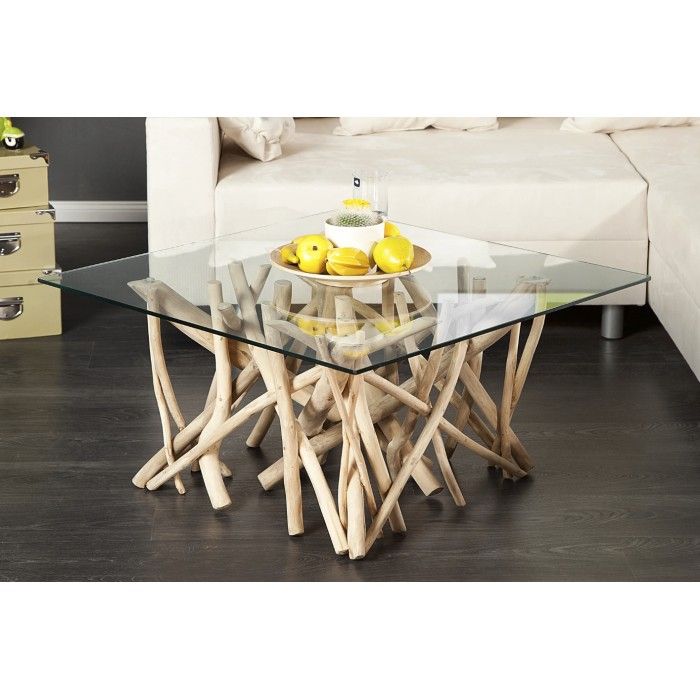 Table bassa WOODEN quadrata 80 cm – Tavolino da salotto design in legno di galleggiante e vetro temperato