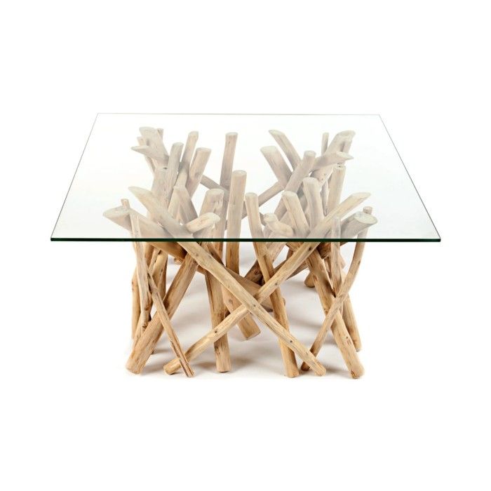 Table bassa WOODEN quadrata 80 cm – Tavolino da salotto design in legno di galleggiante e vetro temperato