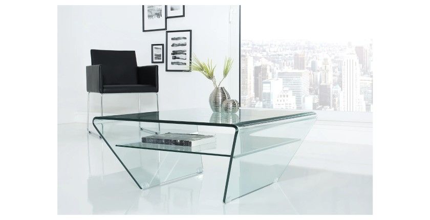 Table basse HOLOW avec étagère – Table basse design asymétrique en verre trempé
