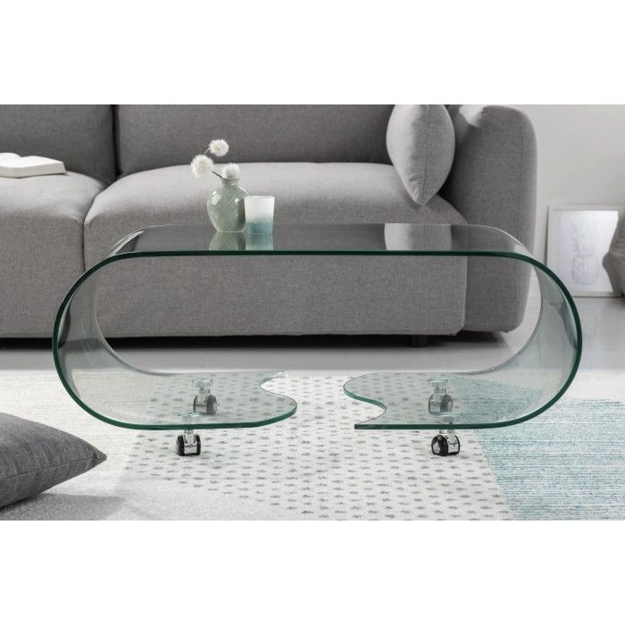 Glazen salontafel HOLOW met wieltjes - Asymmetrisch ontwerp salontafel van gehard glas