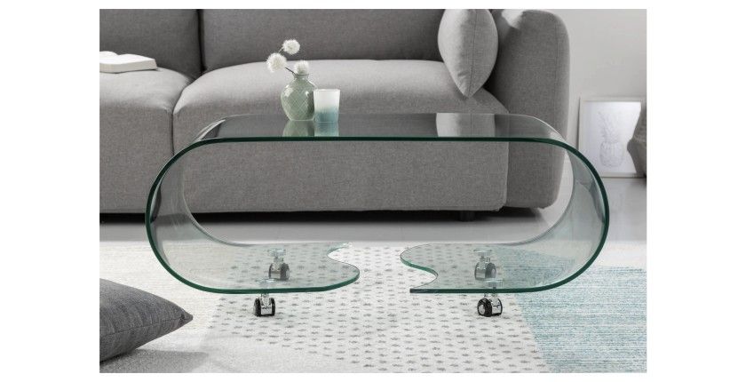 Table basse HOLOW avec roulettes – Table basse design asymétrique en verre trempé