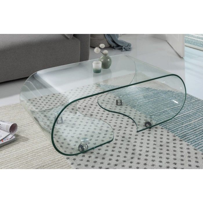 Glazen salontafel HOLOW met wieltjes - Asymmetrisch ontwerp salontafel van gehard glas
