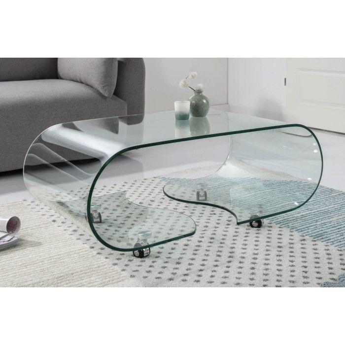 Glazen salontafel HOLOW met wieltjes - Asymmetrisch ontwerp salontafel van gehard glas