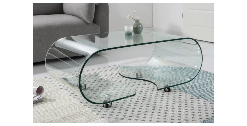 Table basse HOLOW avec roulettes – Table basse design asymétrique en verre trempé