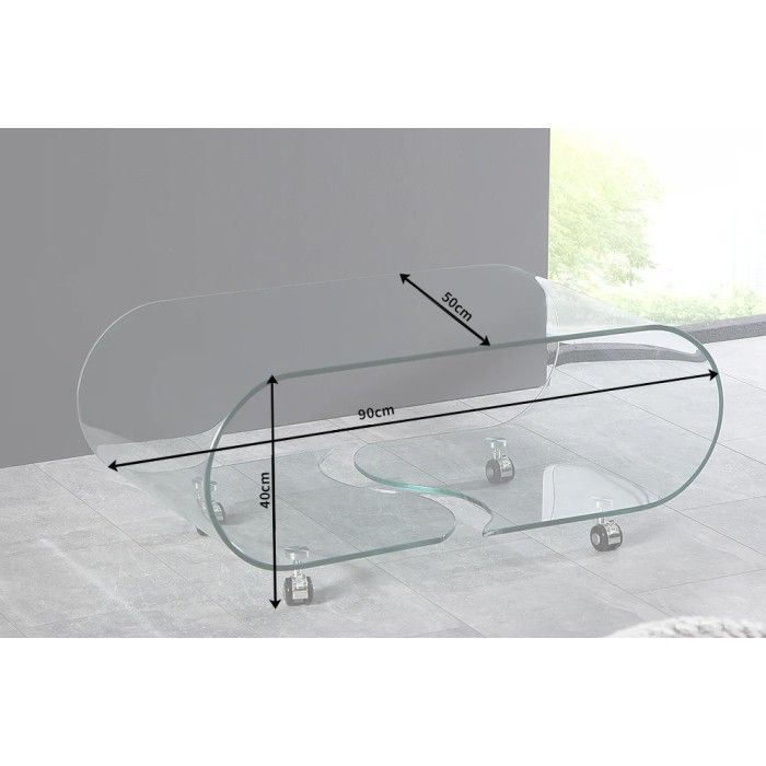 Glazen salontafel HOLOW met wieltjes - Asymmetrisch ontwerp salontafel van gehard glas