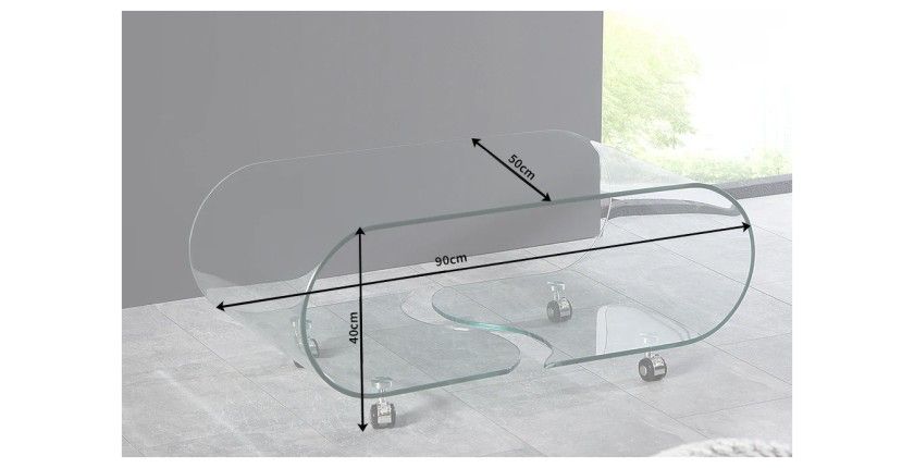 Table basse HOLOW avec roulettes – Table basse design asymétrique en verre trempé