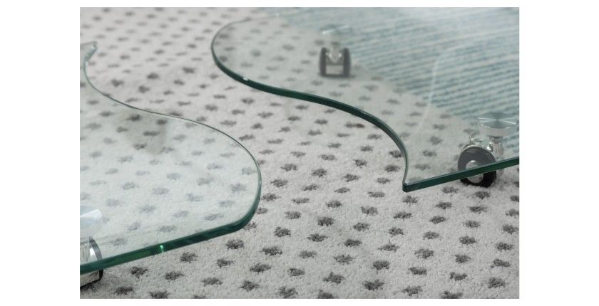 Table basse HOLOW avec roulettes – Table basse design asymétrique en verre trempé