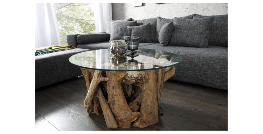 Table basse ronde ARBOREA en bois de Teck avec plateau 60cm vue de face