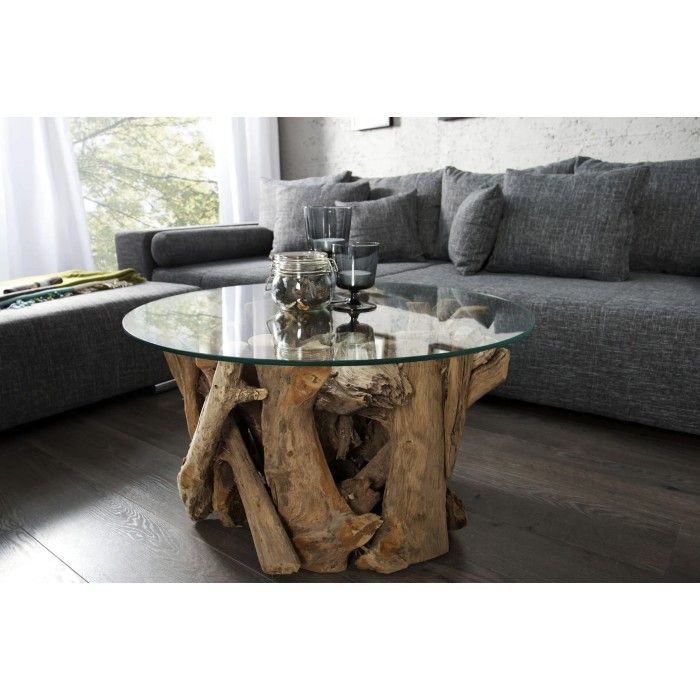 Ronde salontafel ARBOREA 70 cm - Houten salontafel van teakhout met gehard glazen blad