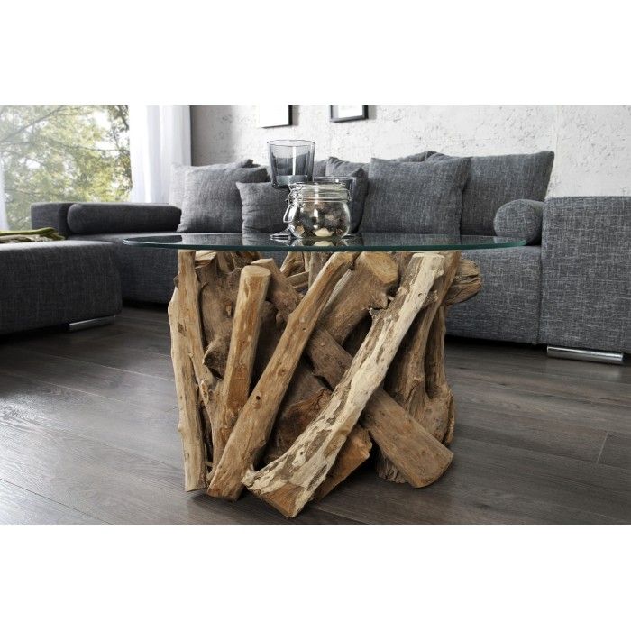 Ronde salontafel ARBOREA 70 cm - Houten salontafel van teakhout met gehard glazen blad