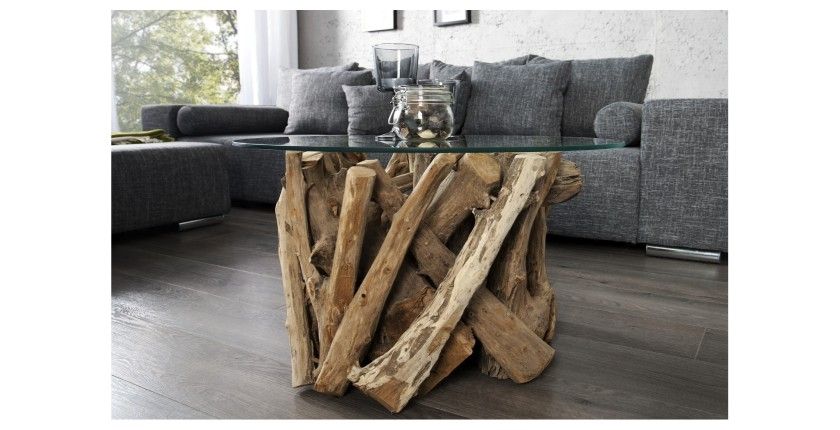 Table basse ARBOREA en bois de Teck avec plateau 70cm mise en situation