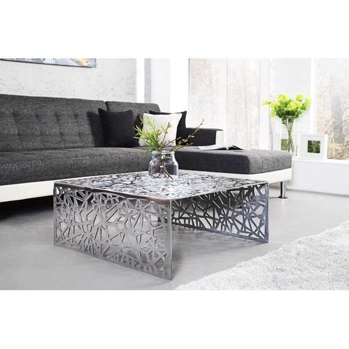 Couchtisch METRIX quadratisch 60 cm – Design-Couchtisch aus silbernem Aluminium mit geometrischen Mustern