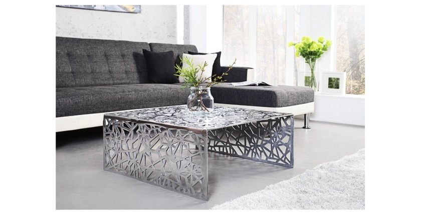 Table basse METRIX carrée 60 cm – Table basse design en aluminium argenté à motifs géométriques
