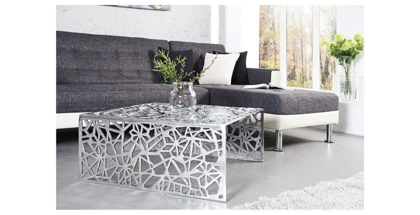Table basse METRIX carrée 60 cm – Table basse design en aluminium argenté à motifs géométriques