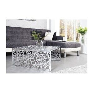 Table basse METRIX carrée 60 cm – Table basse design en aluminium argenté à motifs géométriques